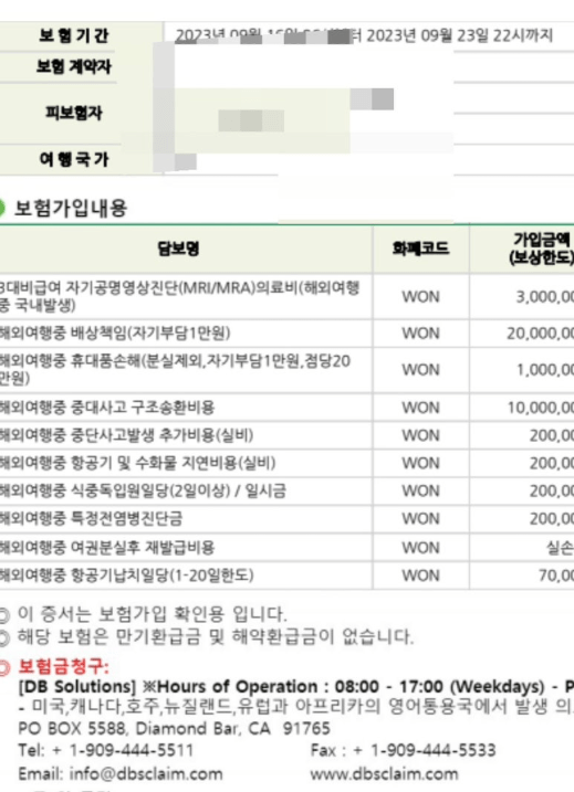 DB 여행자 보험 후기 5가지(병원비, 수리비 청구내역)